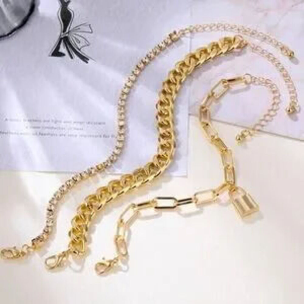 Gold 3pc Rhinestone Lock Bracelet Set - Picture 3 of 3